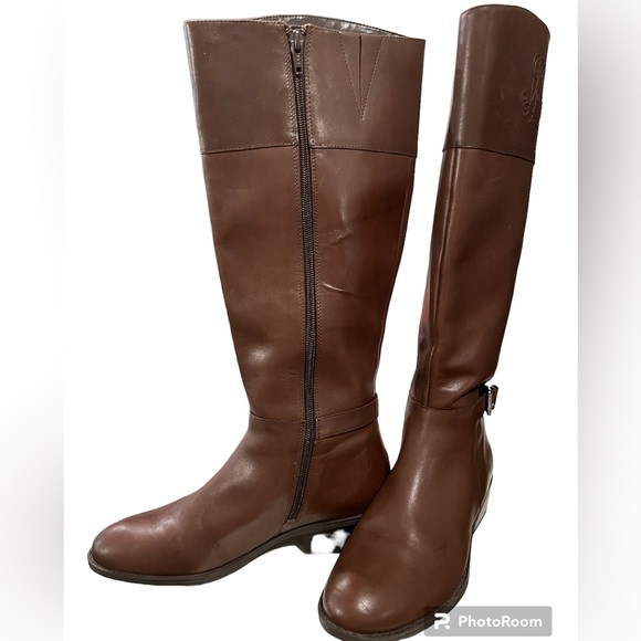 Lauren Ralph Lauren Madisen Leather Riding Boots Sz 7 Brown Embossed Monogram - Picture 10 of 14